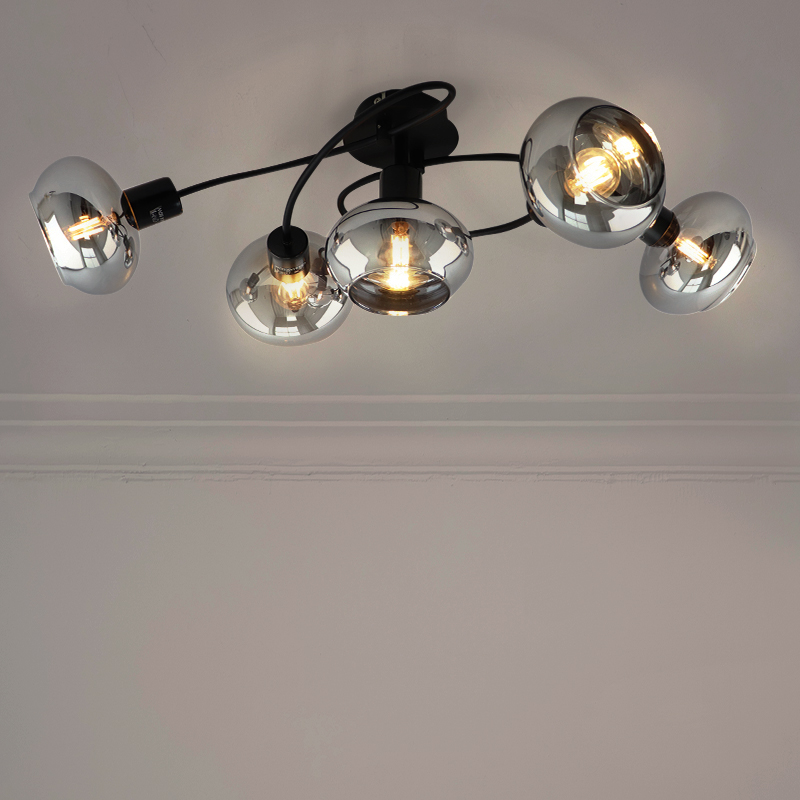 Zwarte plafondlamp Skip, rookglas, design, 5L