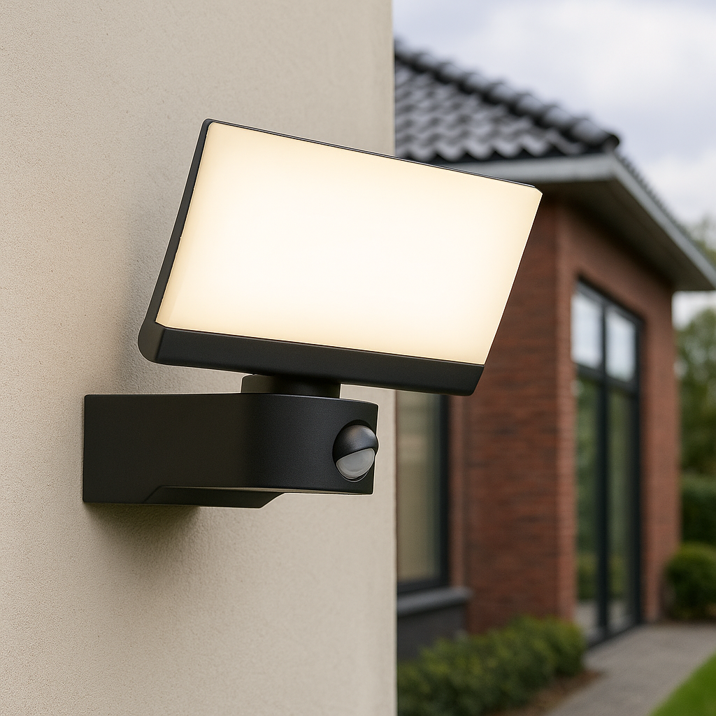 Moderne buiten wandlamp met bewegingssensor zwart, Leonie, 24W, 3000K LED, IP54