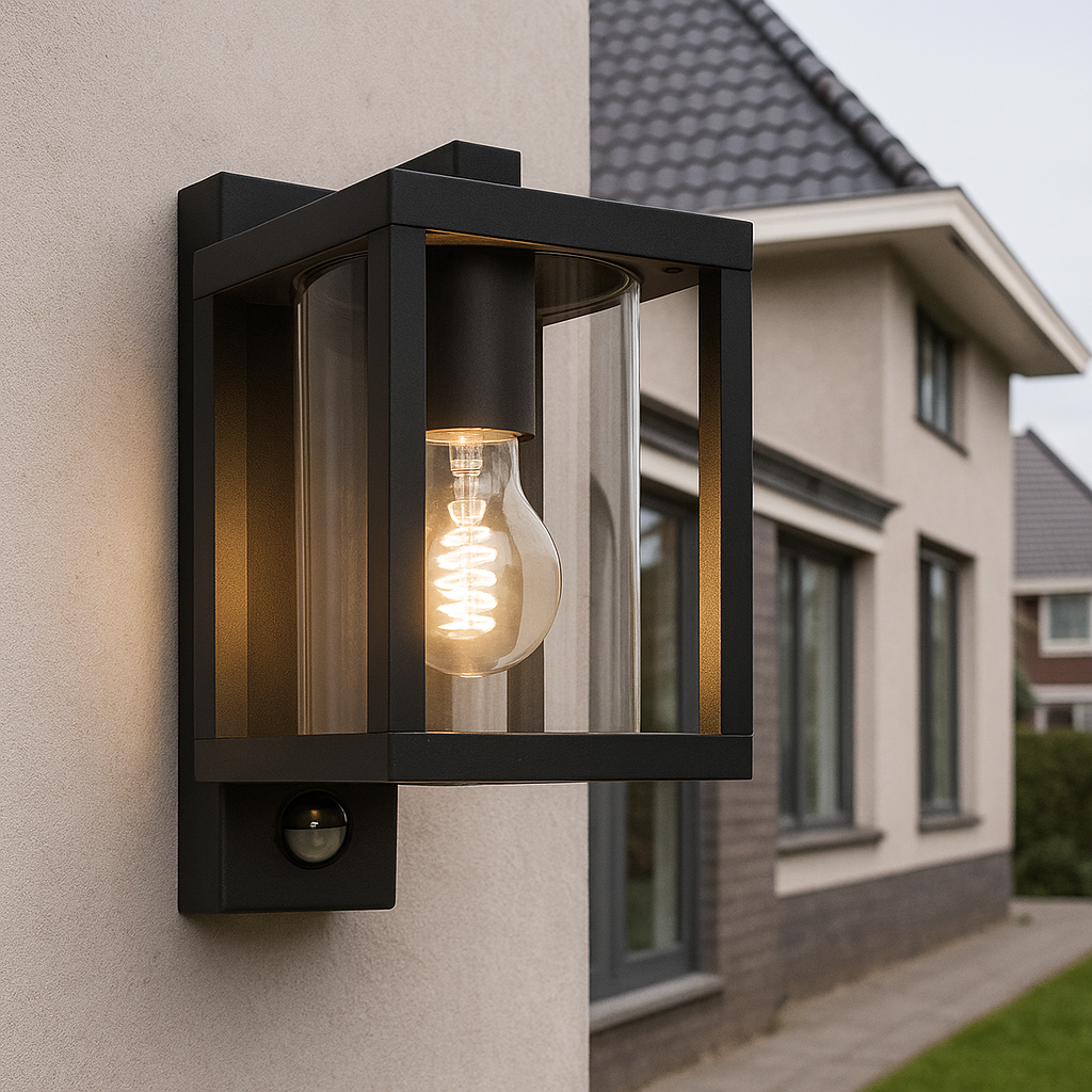 Moderne buiten wandlamp met bewegingssensor zwart, Amalie, IP54