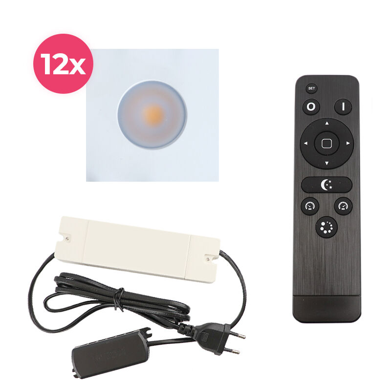12 vierkante witte veranda inbouwspots Dico, IP65, incl. aansluitset en afstandbediening