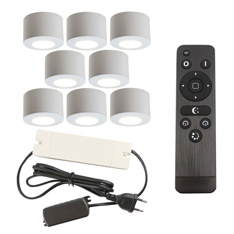 8 ronde witte veranda opbouwspots Vasso, IP44, incl. aansluitset en afstandbediening