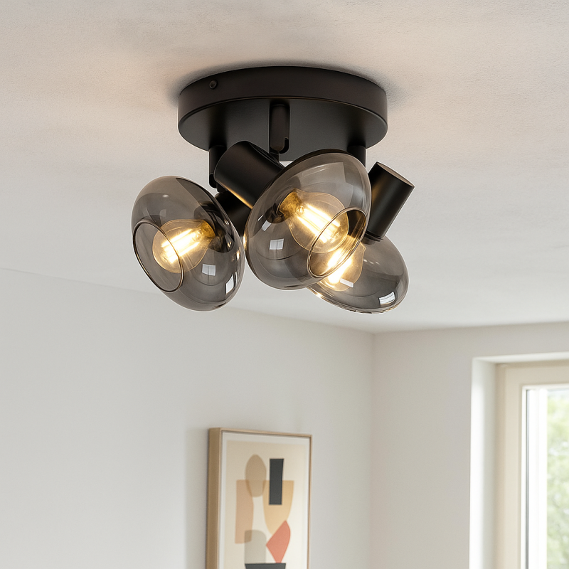 Design plafondspot Skip, zwart, glas, 3L rond