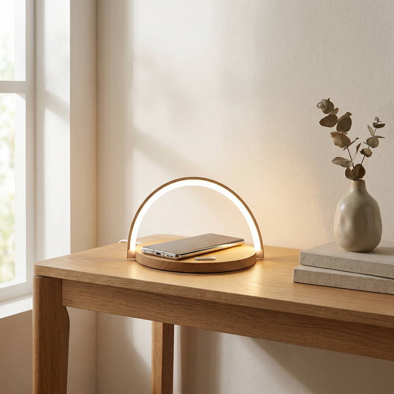 Houten tafellamp Erhan, kunststof, 2w, 3000K LED, met oplaadfunctie voor telefoon