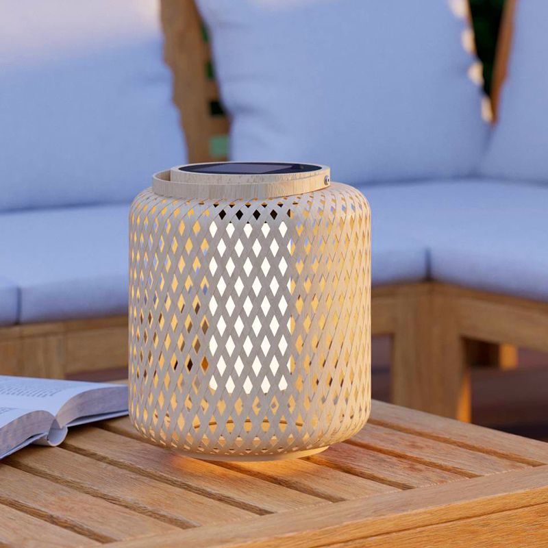 Bruine buiten tafellamp op zonne-energie hout, Hanin, 3,3W, 4000K LED, IP44, met schakelaar Bruine buiten tafellamp op zonne-energie hout, Hanin, 3,3W, 4000K LED, IP44, met schakelaar