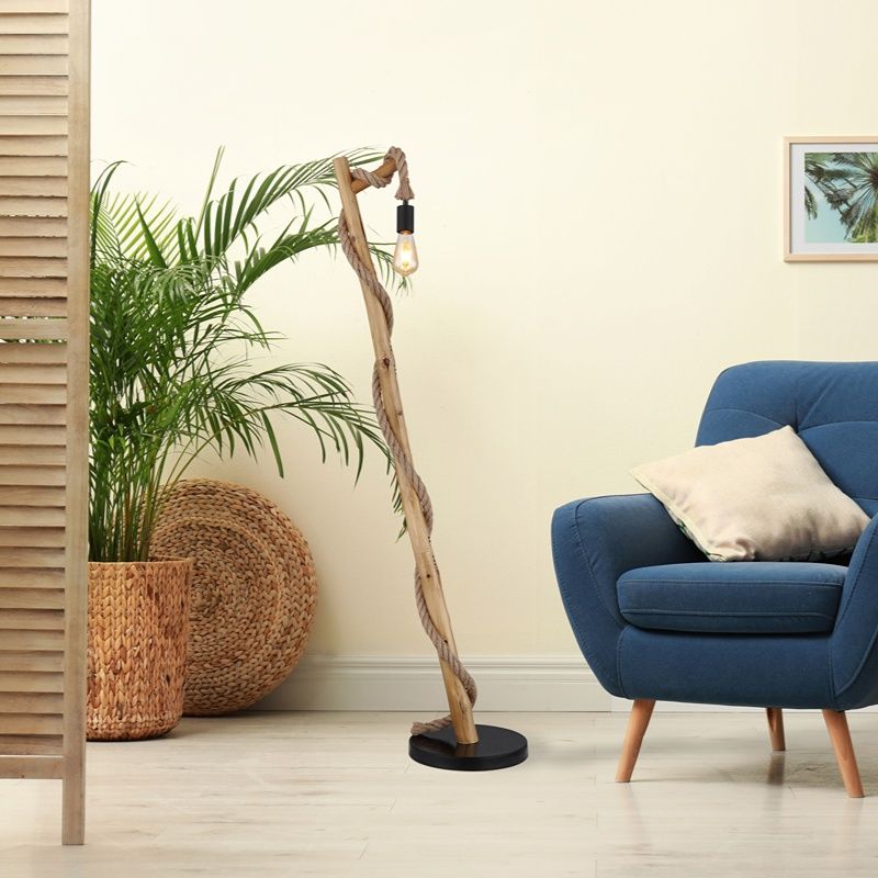 Houten landelijke vloerlamp touw, Udo, met schakelaar Houten landelijke vloerlamp touw, Udo, met schakelaar