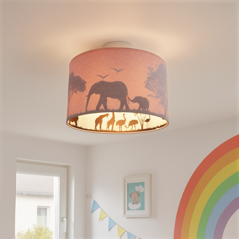 Roze dieren kinderkamer plafondlamp Safari, Binnenzijde doorschijnend Roze dieren kinderkamer plafondlamp Safari, Binnenzijde doorschijnend