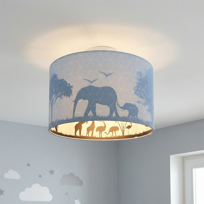 Blauwe dieren kinderkamer plafondlamp Safari, Binnenzijde doorschijnend Blauwe dieren kinderkamer plafondlamp Safari, Binnenzijde doorschijnend