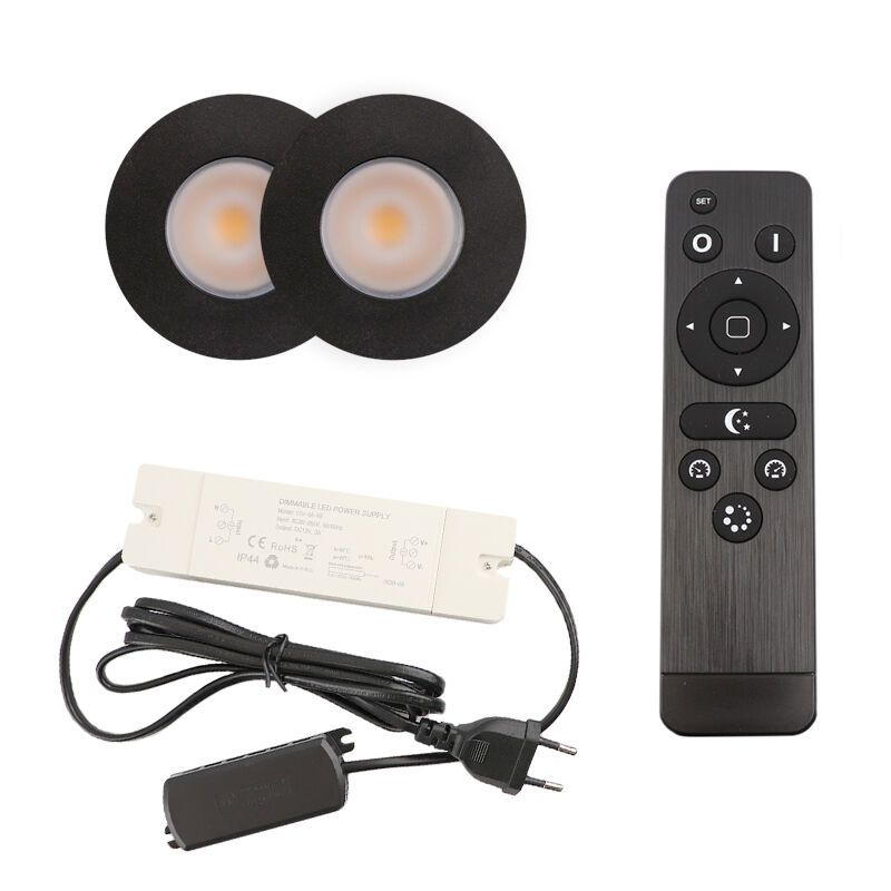 2 zwarte veranda inbouwspots Dico, IP65, incl. aansluitset en afstandbediening 2 zwarte veranda inbouwspots Dico, IP65, incl. aansluitset en afstandbediening