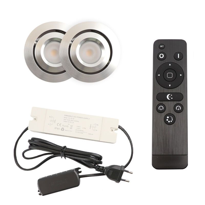 2 kantelbare veranda spots Rona, IP44, met aansluitset en afstandsbediening, geborsteld chroom