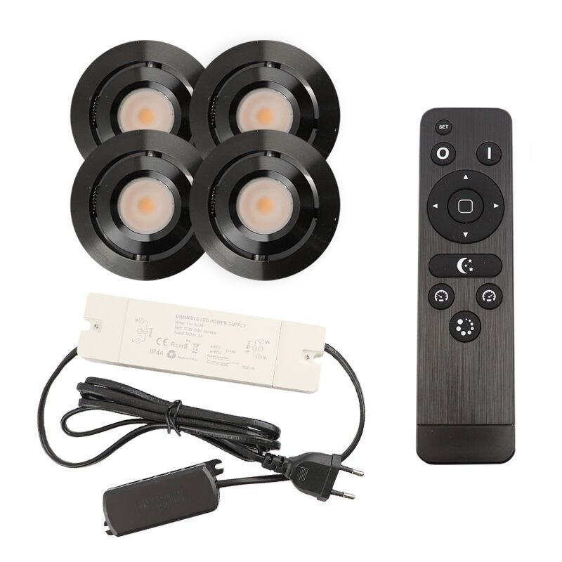 4 kantelbare veranda spots Rona, IP44, met aansluitset en afstandsbediening, zwart 4 kantelbare veranda spots Rona, IP44, met aansluitset en afstandsbediening, zwart