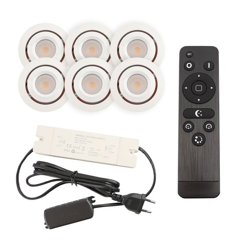 6 kantelbare veranda spots Rona, IP44, met aansluitset en afstandsbediening, wit