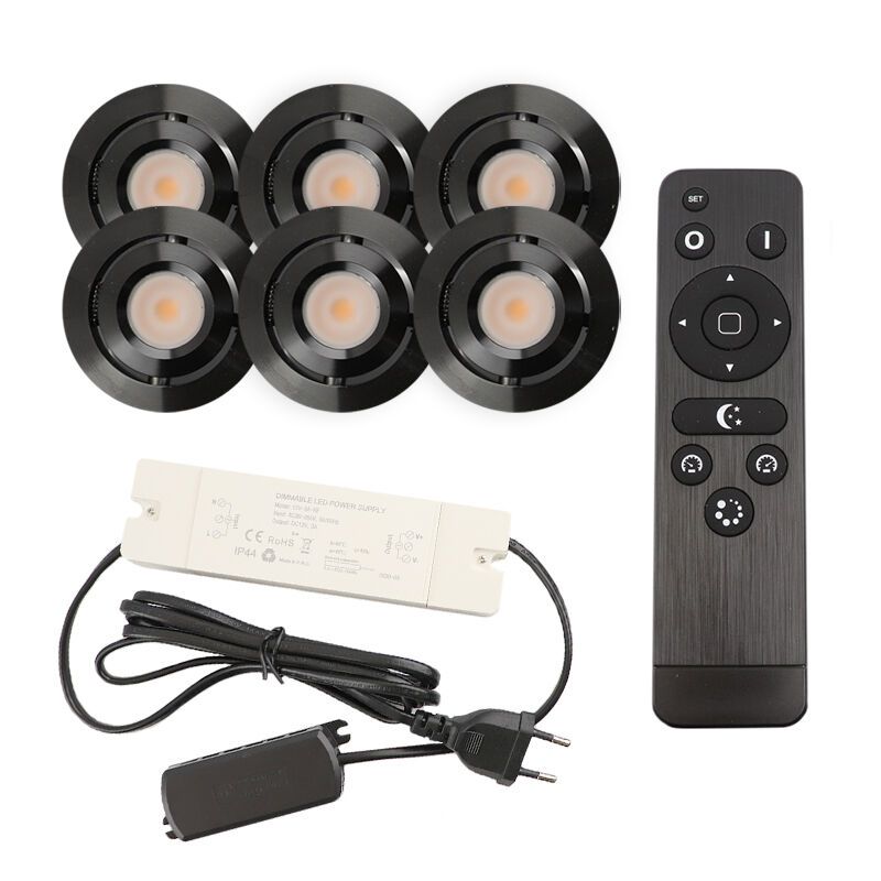 6 kantelbare veranda spots Rona, IP44, met aansluitset en afstandsbediening, zwart