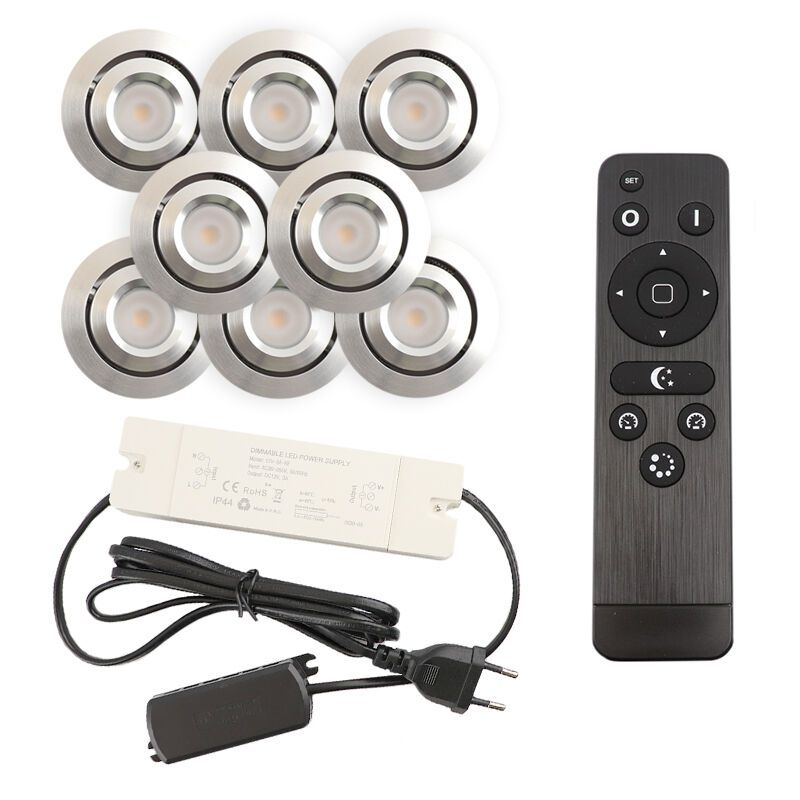 8 kantelbare veranda spots Rona, IP44, met aansluitset en afstandsbediening, geborsteld chroom