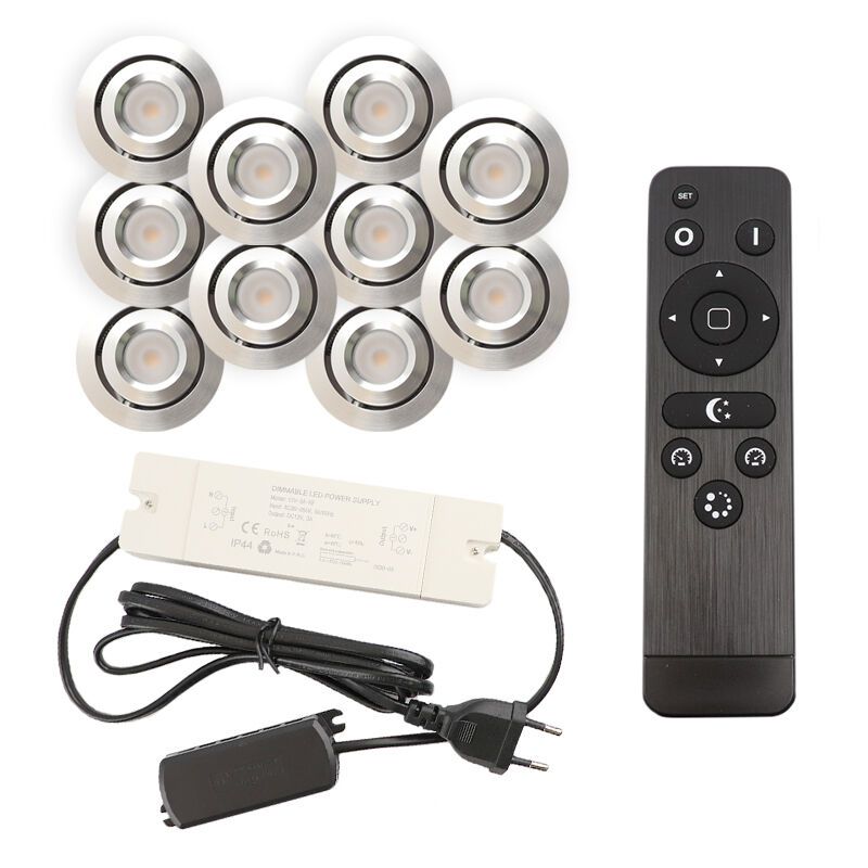 10 kantelbare veranda spots Rona, IP44, met aansluitset en afstandsbediening, geborsteld chroom