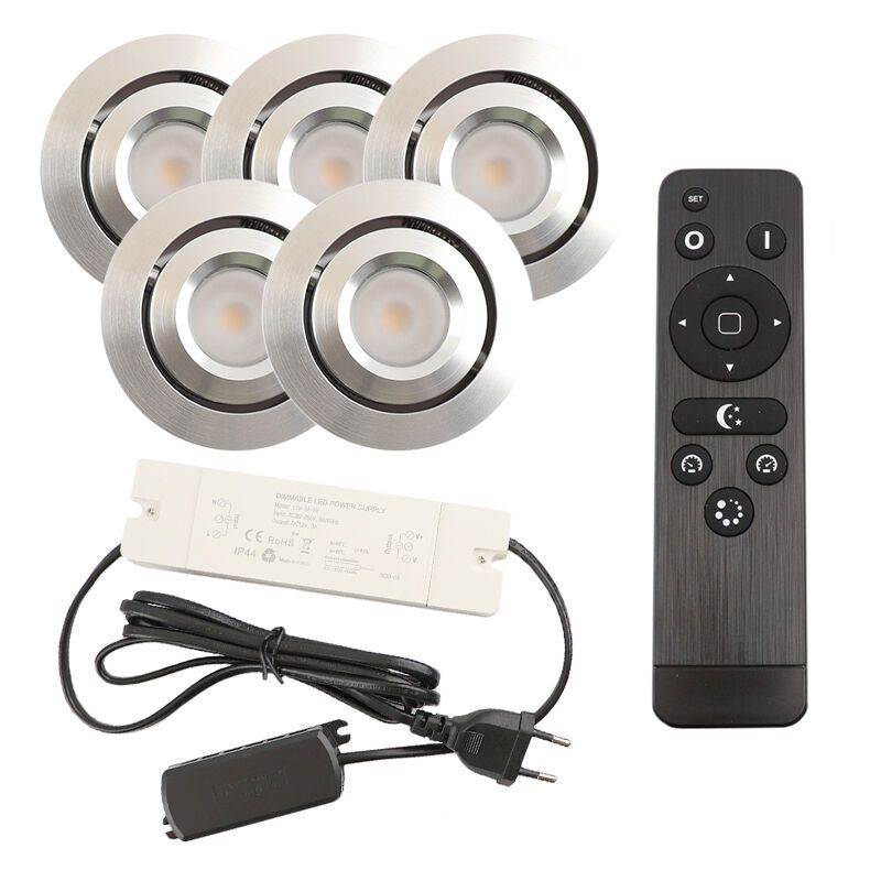 5 kantelbare veranda spots Rona, IP44, met aansluitset en afstandsbediening, geborsteld chroom