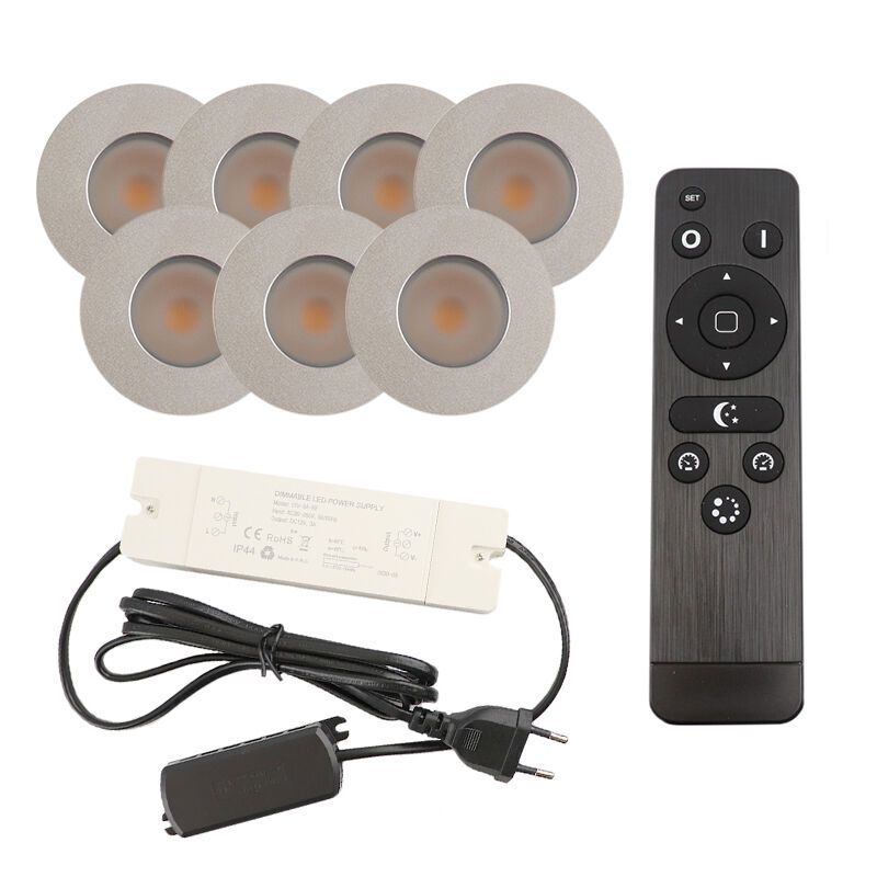 7 geborsteld Chroom veranda inbouwspots Dico, IP65, incl. aansluitset en afstandbediening