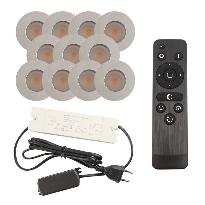 11 geborsteld Chroom veranda inbouwspots Dico, IP65, incl. aansluitset en afstandbediening