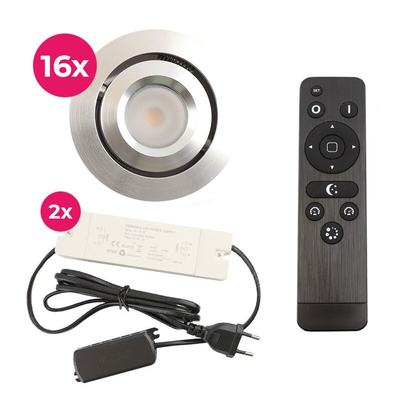 16 kantelbare veranda spots Rona, IP44, met aansluitset en afstandsbediening, geborsteld chroom