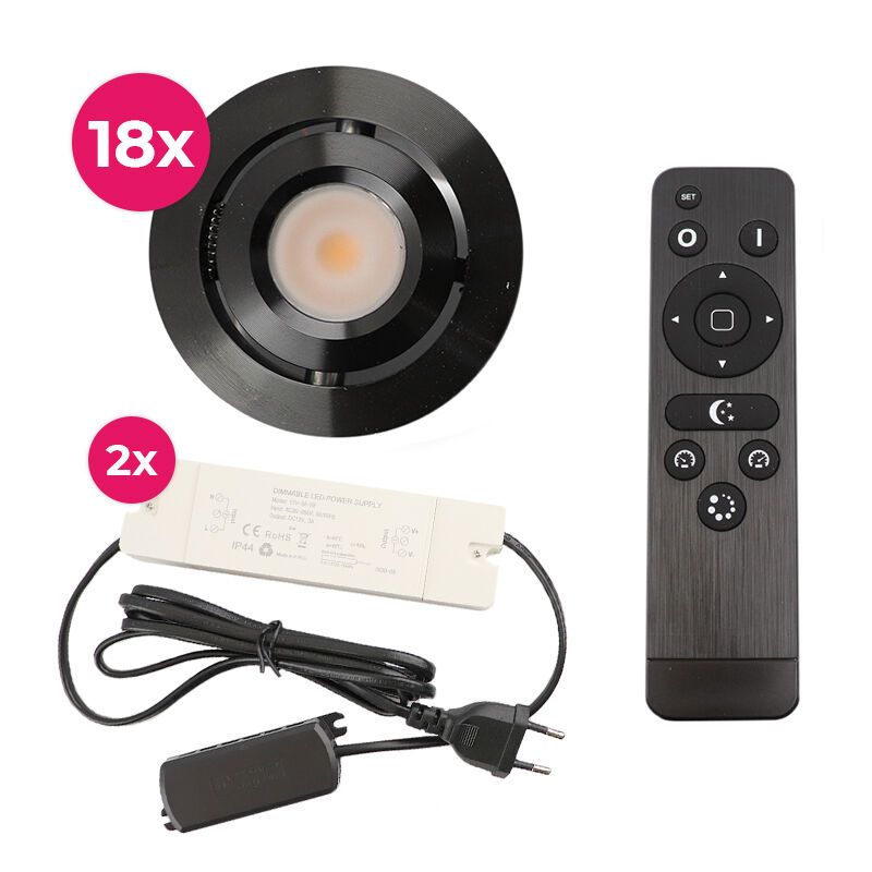 18 kantelbare veranda spots Rona, IP44, met aansluitset en afstandsbediening, zwart 18 kantelbare veranda spots Rona, IP44, met aansluitset en afstandsbediening, zwart