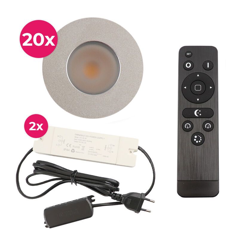 20 geborsteld Chroom veranda inbouwspots Dico, IP65, incl. aansluitset en afstandbediening 20 geborsteld Chroom veranda inbouwspots Dico, IP65, incl. aansluitset en afstandbediening