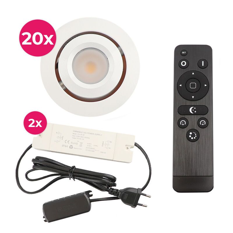 20 kantelbare veranda spots Rona, IP44, met aansluitset en afstandsbediening, wit