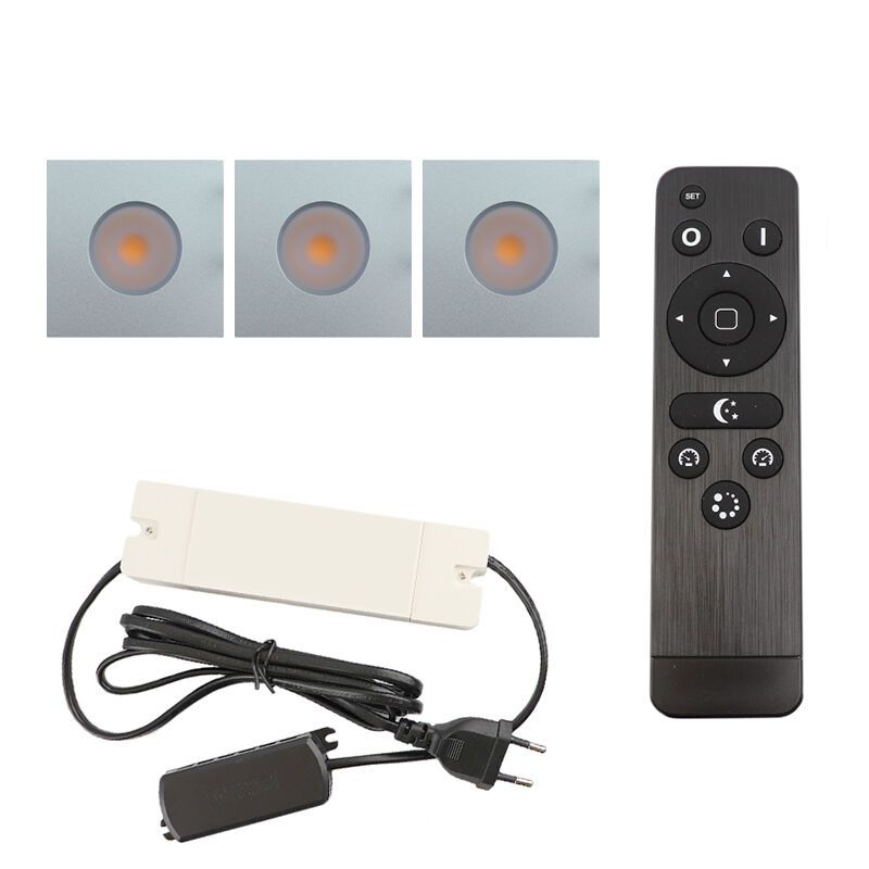 3 vierkante geborsteld Chroom veranda inbouwspots Dico, IP65, incl. aansluitset en afstandbediening