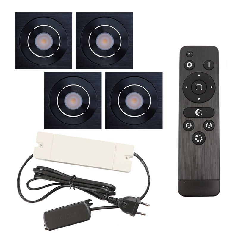 4 kantelbare veranda spots Rona vierkant, IP44, met aansluitset en afstandsbediening, zwart 4 kantelbare veranda spots Rona vierkant, IP44, met aansluitset en afstandsbediening, zwart