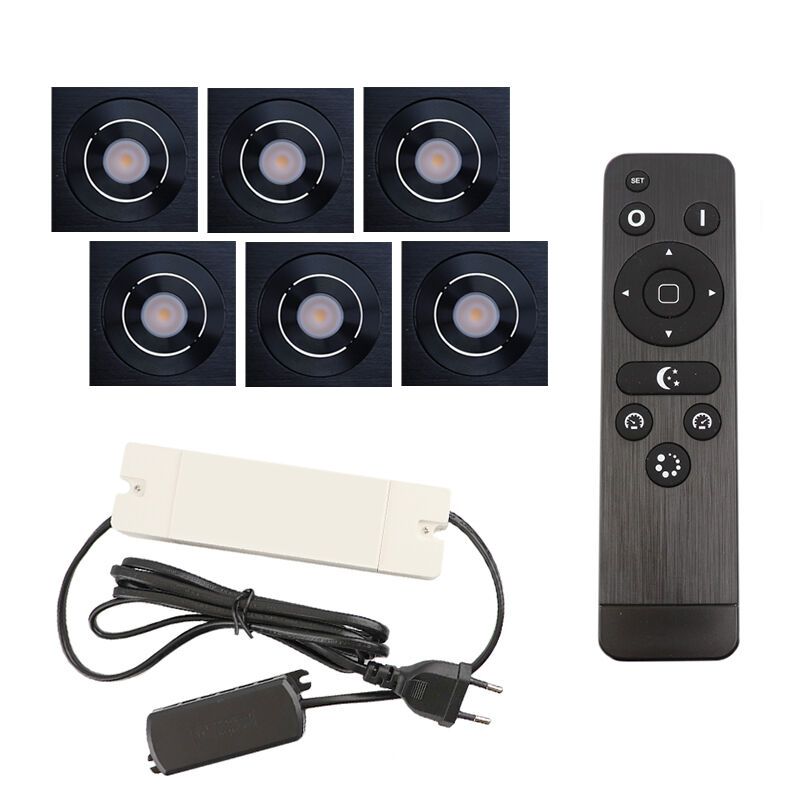 6 kantelbare veranda spots Rona vierkant, IP44, met aansluitset en afstandsbediening, zwart