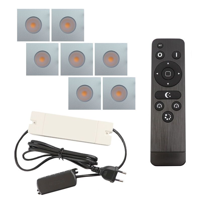 7 vierkante geborsteld Chroom veranda inbouwspots Dico, IP65, incl. aansluitset en afstandbediening