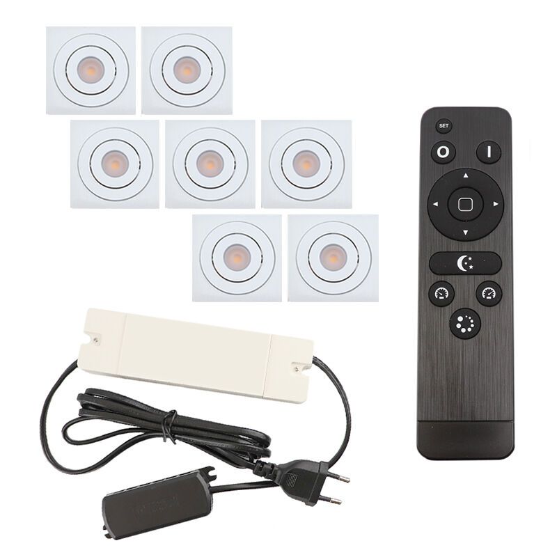 7 kantelbare veranda spots Rona vierkant, IP44, met aansluitset en afstandsbediening, wit