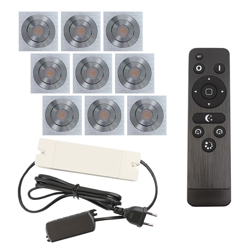 9 kantelbare veranda spots Rona vierkant, IP44, met aansluitset en afstandsbediening, geborsteld chroom 9 kantelbare veranda spots Rona vierkant, IP44, met aansluitset en afstandsbediening, geborsteld chroom