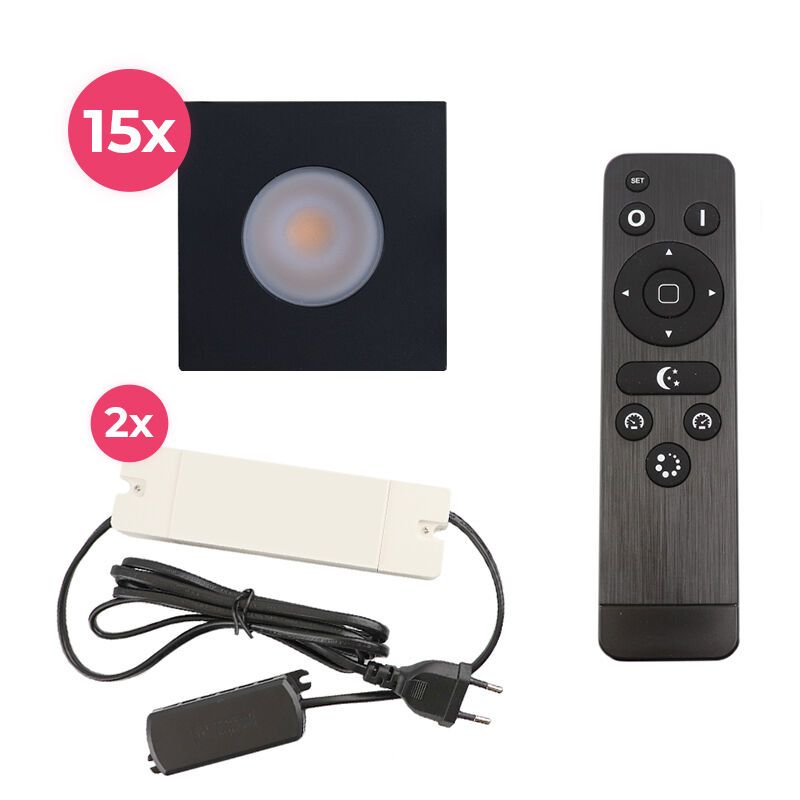 15 vierkante zwarte veranda inbouwspots Dico, IP65, incl. aansluitset en afstandbediening 15 vierkante zwarte veranda inbouwspots Dico, IP65, incl. aansluitset en afstandbediening