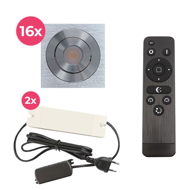 16 kantelbare veranda spots Rona vierkant, IP44, met aansluitset en afstandsbediening, geborsteld chroom