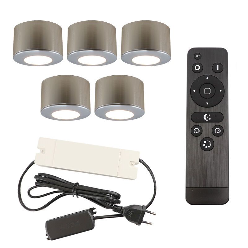 5 ronde geborsteld Chroom veranda opbouwspots Vasso, IP44, incl. aansluitset en afstandbediening 5 ronde geborsteld Chroom veranda opbouwspots Vasso, IP44, incl. aansluitset en afstandbediening