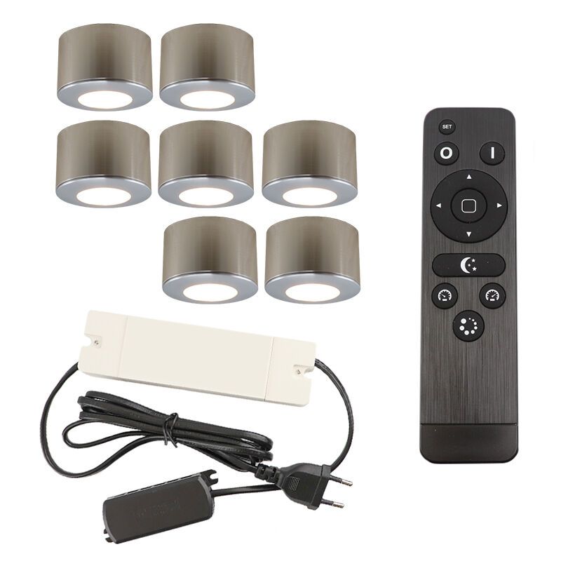 7 ronde geborsteld Chroom veranda opbouwspots Vasso, IP44, incl. aansluitset en afstandbediening 7 ronde geborsteld Chroom veranda opbouwspots Vasso, IP44, incl. aansluitset en afstandbediening