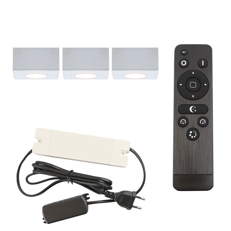 3 vierkante witte veranda opbouwspots Fredo, IP44, incl. aansluitset en afstandbediening