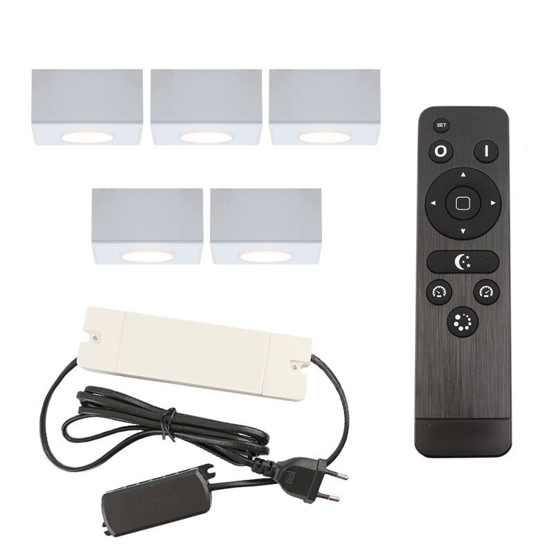 5 vierkante witte veranda opbouwspots Fredo, IP44, incl. aansluitset en afstandbediening 5 vierkante witte veranda opbouwspots Fredo, IP44, incl. aansluitset en afstandbediening