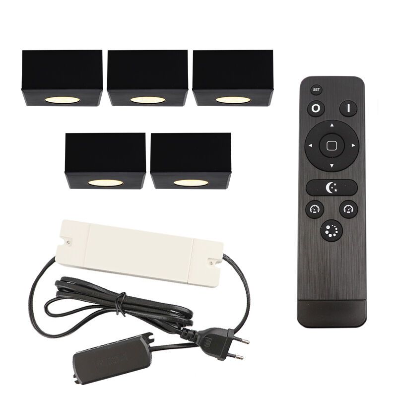 5 vierkante zwarte veranda opbouwspots Fredo, IP44, incl. aansluitset en afstandbediening 5 vierkante zwarte veranda opbouwspots Fredo, IP44, incl. aansluitset en afstandbediening