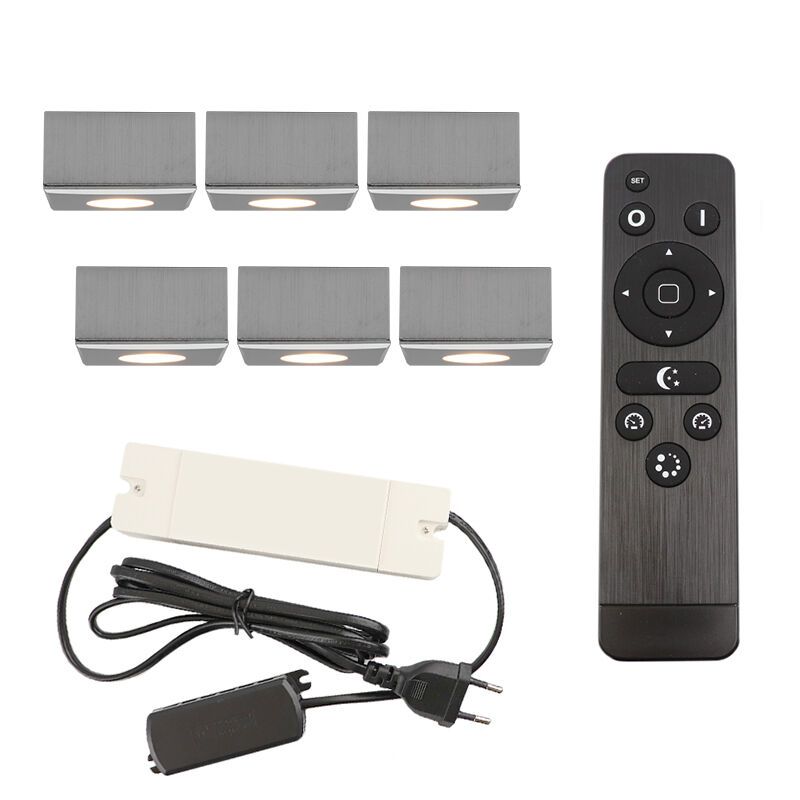 6 vierkante geborsteld Chroom veranda opbouwspots Fredo, IP44, incl. aansluitset en afstandbediening