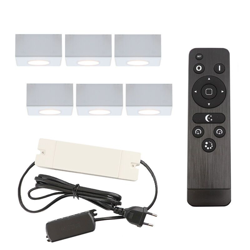 6 vierkante witte veranda opbouwspots Fredo, IP44, incl. aansluitset en afstandbediening