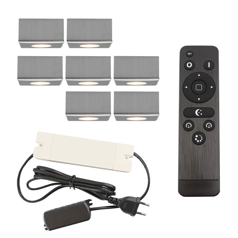 7 vierkante geborsteld Chroom veranda opbouwspots Fredo, IP44, incl. aansluitset en afstandbediening