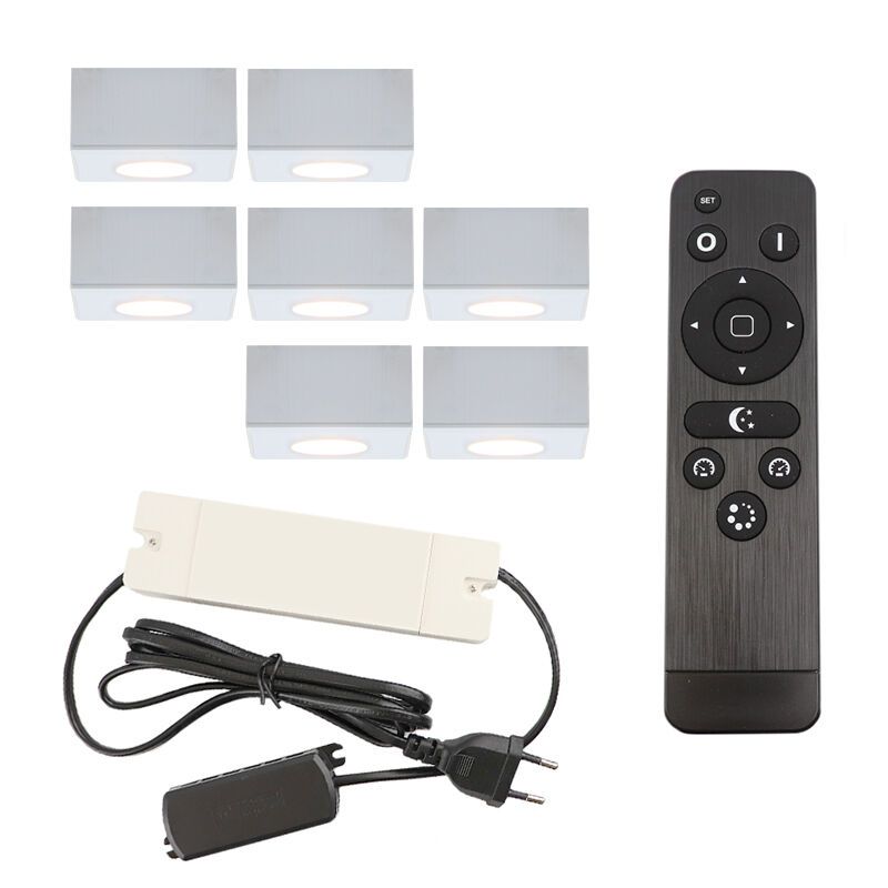 7 vierkante witte veranda opbouwspots Fredo, IP44, incl. aansluitset en afstandbediening