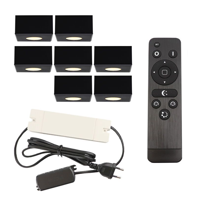 7 vierkante zwarte veranda opbouwspots Fredo, IP44, incl. aansluitset en afstandbediening