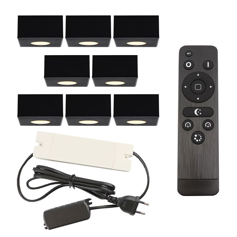 8 vierkante zwarte veranda opbouwspots Fredo, IP44, incl. aansluitset en afstandbediening