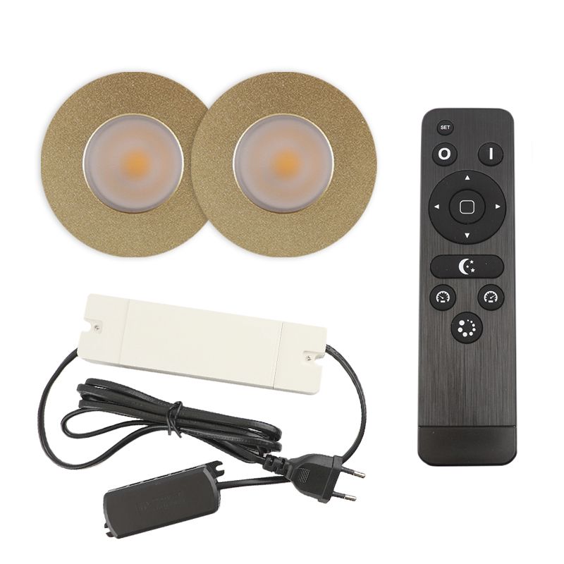 2 messing veranda inbouwspots Dico, IP65, incl. aansluitset en afstandbediening