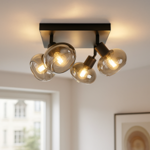 Design vierkante plafondspot Skip, zwart, glas, 4L