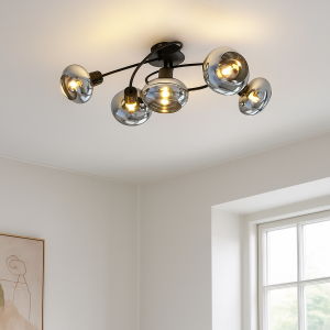 Zwarte plafondlamp Skip, rookglas, design, 5L