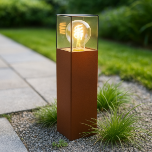 Roestkleur staande buitenlamp Sanel, Smoke glas, 30cm
