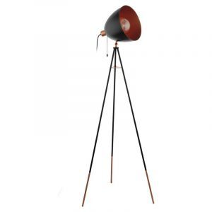 Koperen moderne driepoot vloerlamp metaal, Maick, met trekschakelaar
