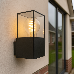 Zwarte wandlamp Sanel, smoke glas, IP44, rechthoekig